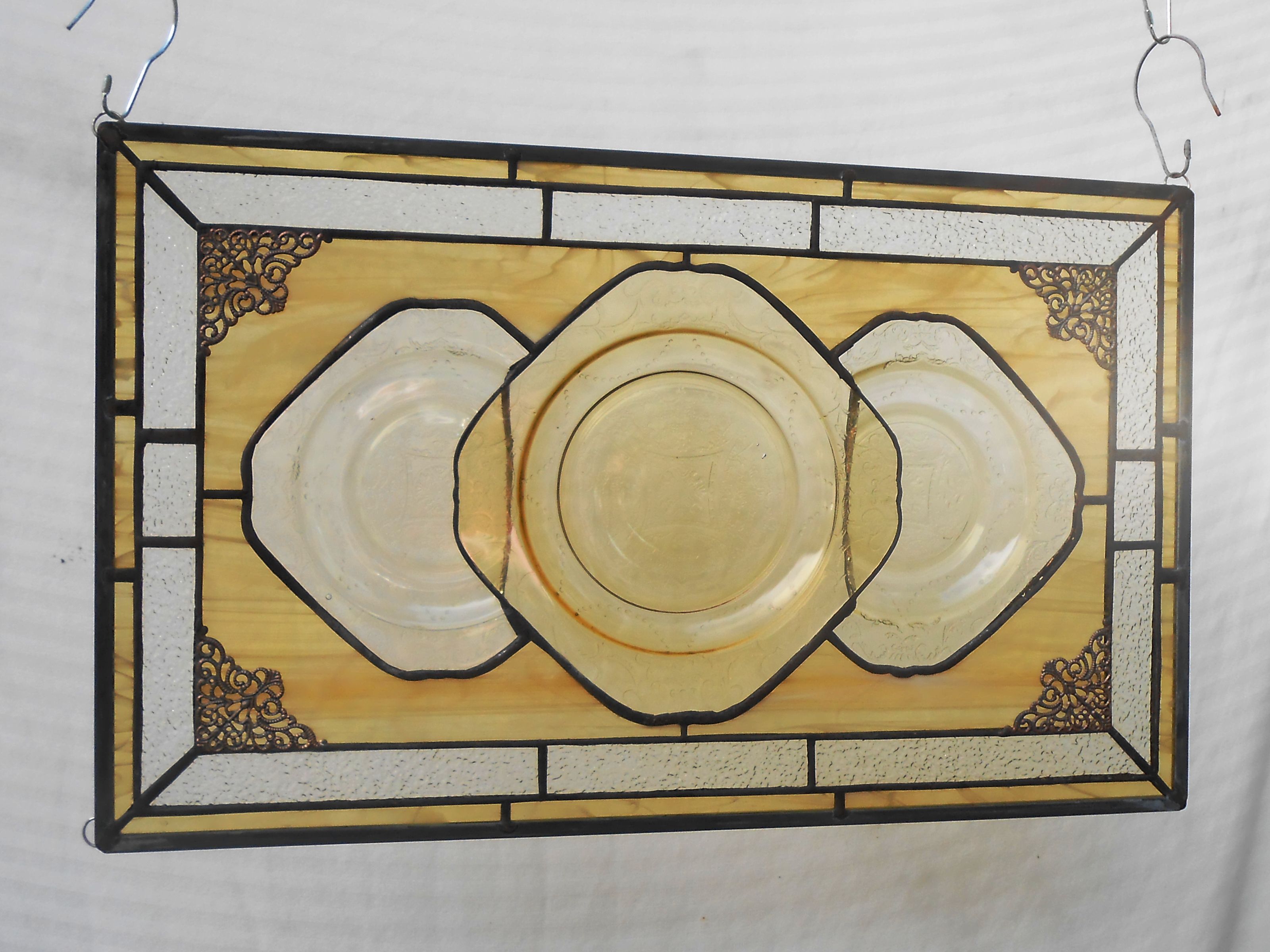 Custom Made Stained Glass Plate Panel 1930s Depression Glass Madrid