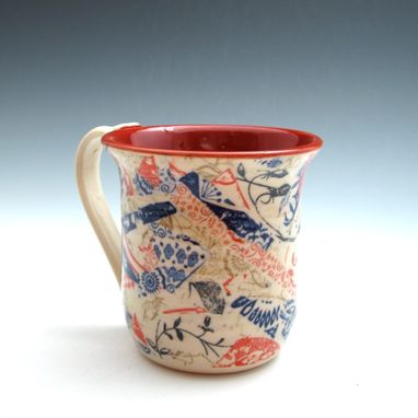 Custom Made Pair Of Coffee Mugs With Multi-Colored Patterns