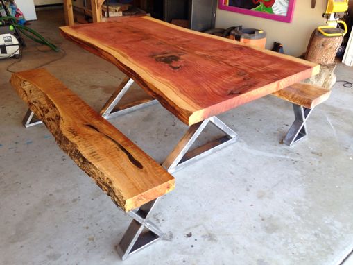 Custom Made Large Single Slab Redwood Table With Quilted Maple Benches
