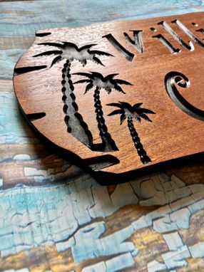Custom Made Custom Wooden Carved Beach House, Cabana Sign With Palm Trees