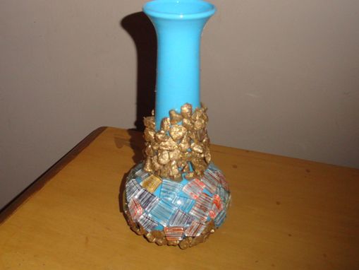 Custom Made Light Blue Plastic Vase W/Mosaic Tile Gold Nuggets