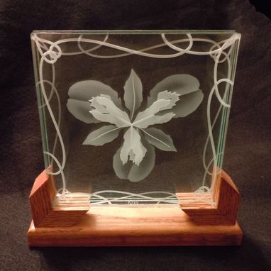Custom Made 3d Layered Decorative Art Display - Iris Flower Etched Glass With Wood Stand
