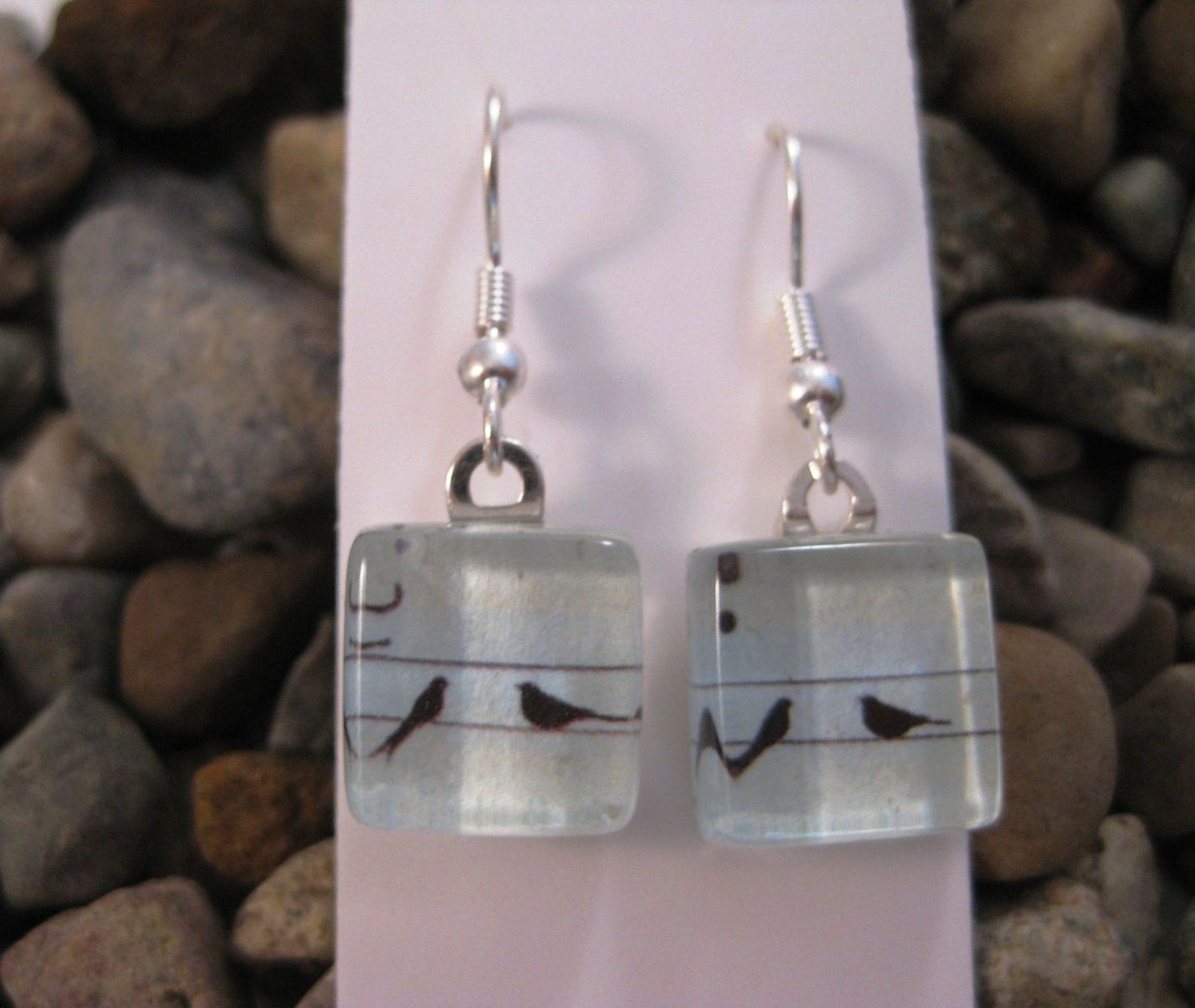 Hand Crafted Glass Tile Earrings With Birds On A Wire Design by Glassology