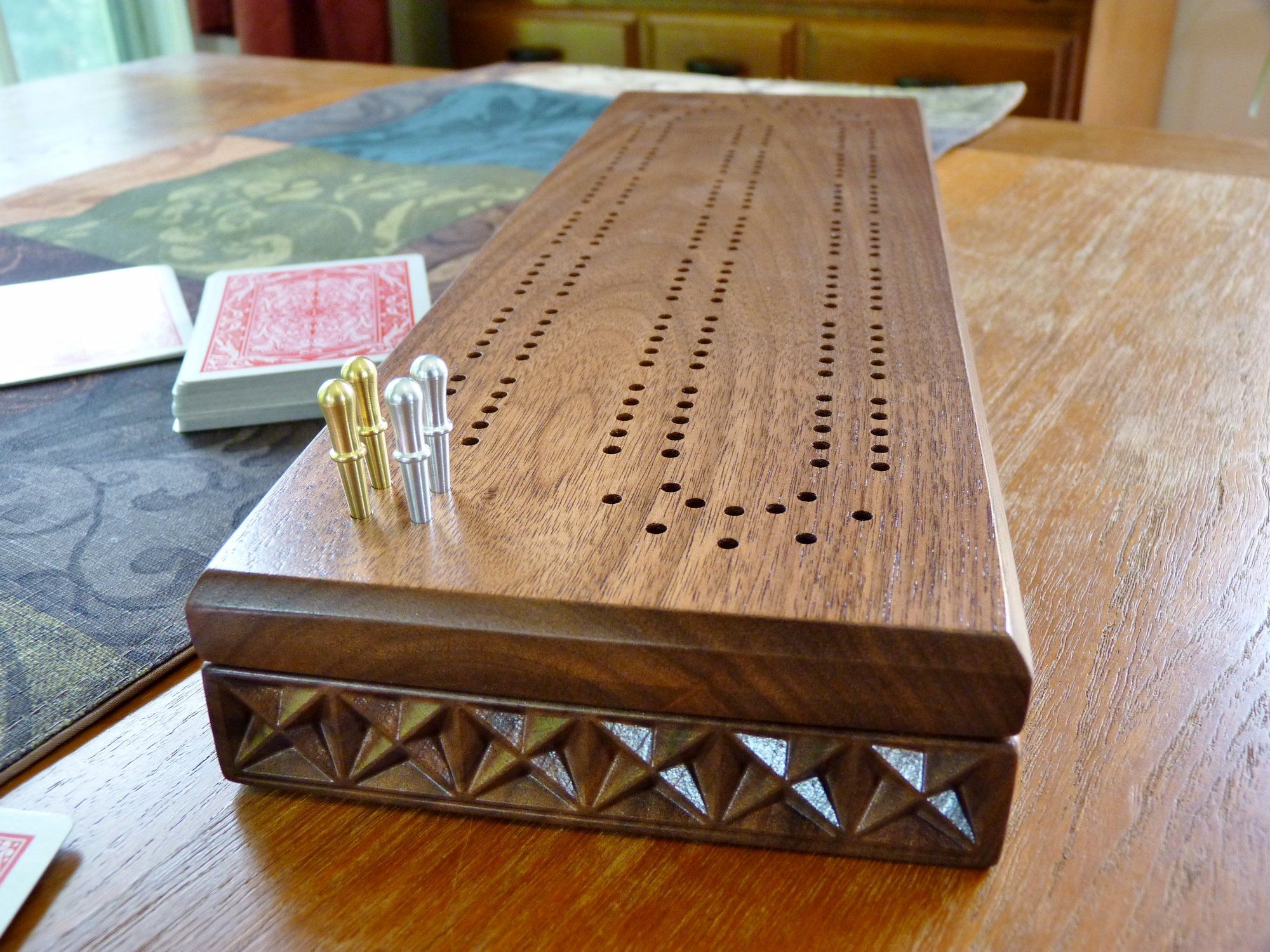 Hand Made Carved Cribbage Board In Walnut Or Cherry Wood by Three Trees