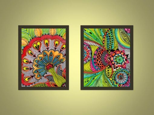 Custom Made Abstract Art Print-Red Green Yellow Modern Flowers Ink And Acrylic
