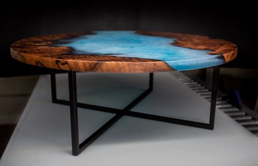 Custom Made Round Redwood And Blue Epoxy Coffee Table With Powder Coated Steel Base