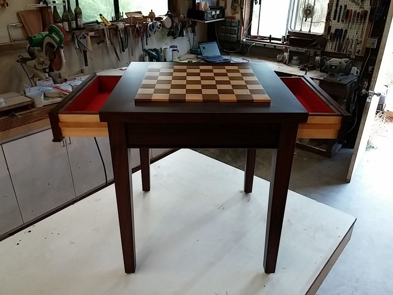Hand Crafted Custom Exotic Wood Chess Table With Drawers by Puddle Town