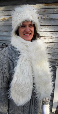 Custom Made White Faux Fur Hat And Scarf, 72" Long, 6" Wide