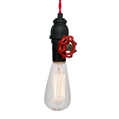 Custom Made Vintage Upcycled Valve Pipe Pendant Light – Red Cloth Cord