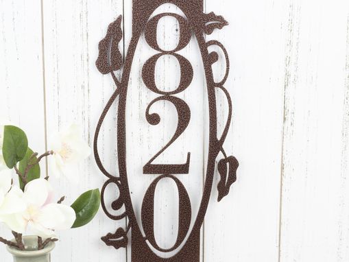 Custom Made Vertical Metal House Number Sign, Vines, 3 Digit - Copper Vein Shown