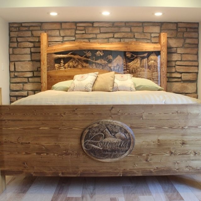 Hand Made King Size Headboard Footboard Waterfall Pine Forest Hand Made King Size Headboard Footboard Waterfall Pine Forest Scene Carved By Scott Lazy River Studio Custommade