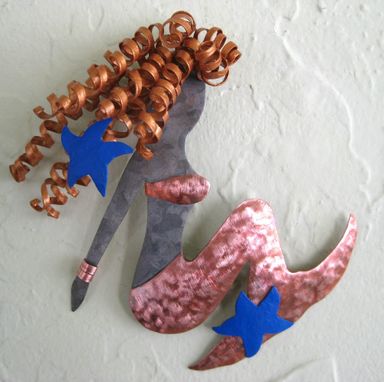 Custom Made Handmade Upcycled Metal Mermaid With Blue Starfish Wall Art Sculpture