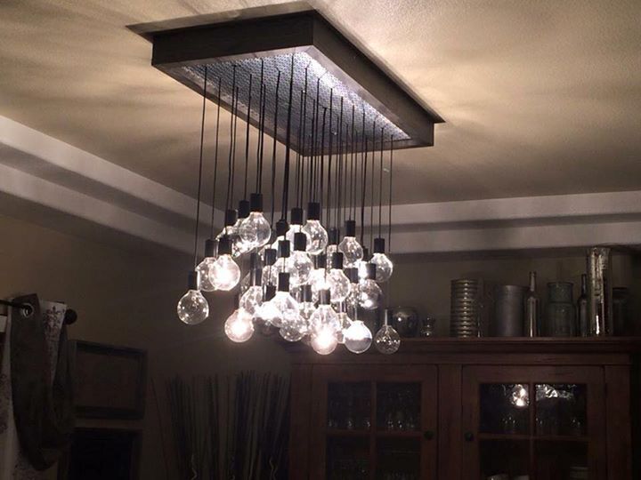 Hand Made Wood And Metal Hanging Bulb Chandelier Light Fixture