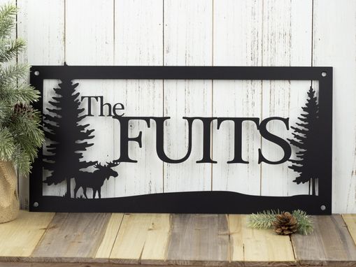 Custom Made Custom Family Name And Address Metal Signs, Moose, Pine Trees