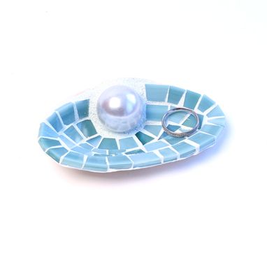 Custom Made Blue Mosaic Shell Wedding Ring Holder With Pearl Bead